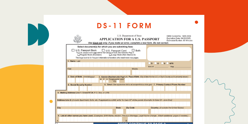 The first page of the DS-11 passport application form